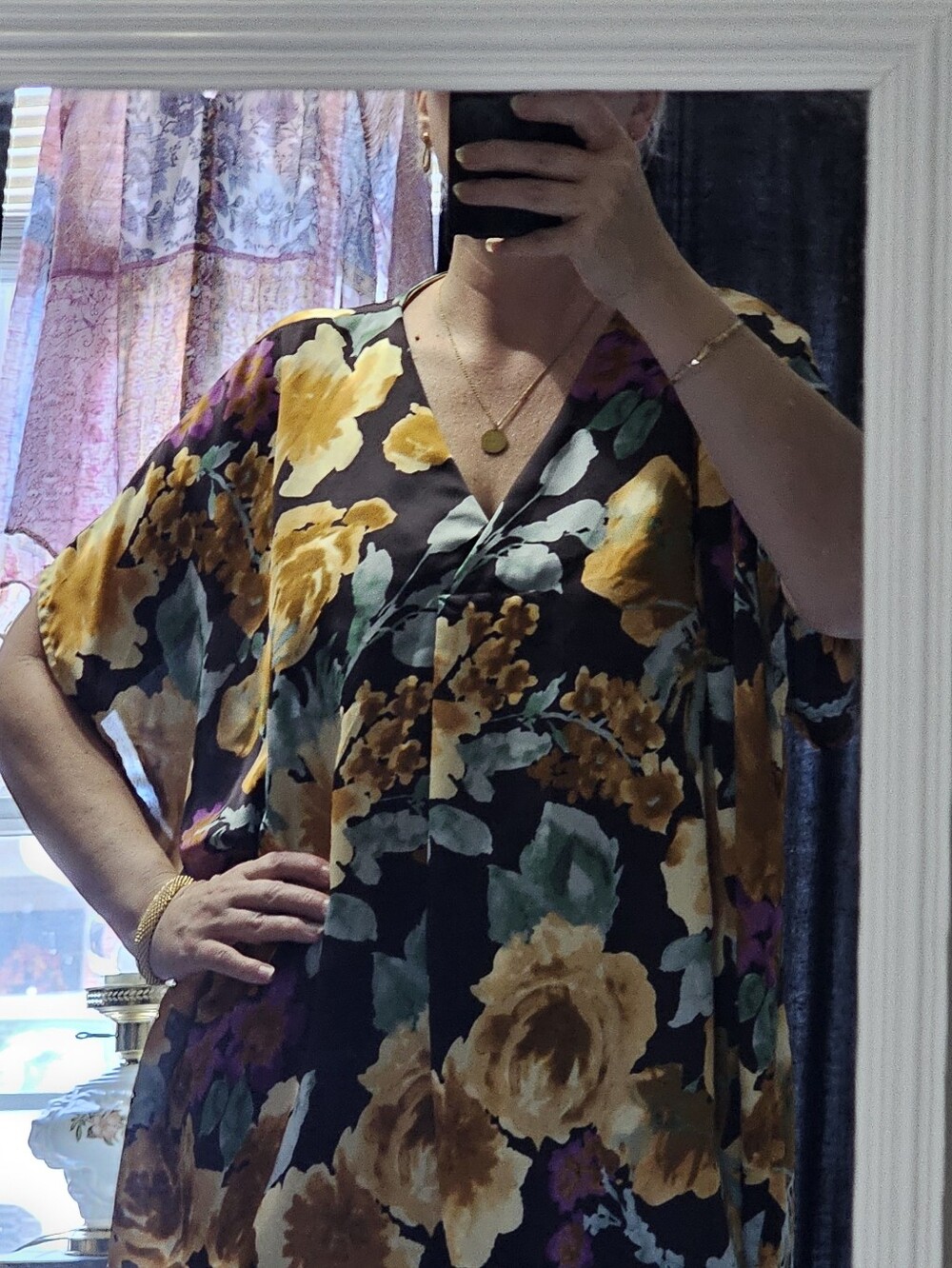 entro Black Floral Short-Sleeve Kimono Blouse with Gold & Purple Flowers L-XL OS